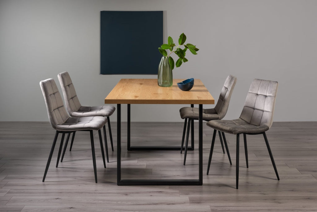 Rustic Oak Dining Table Set 4 Grey Velvet Dining Chairs