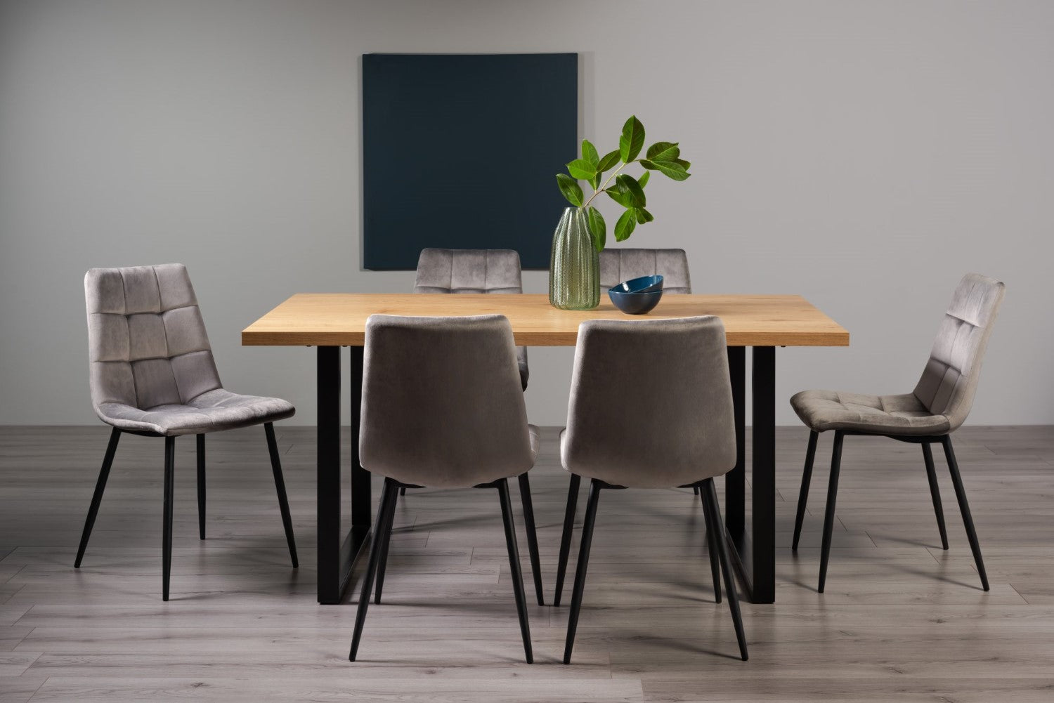 Rustic Oak Dining Table Set U Legs 6 Grey Leather Chairs