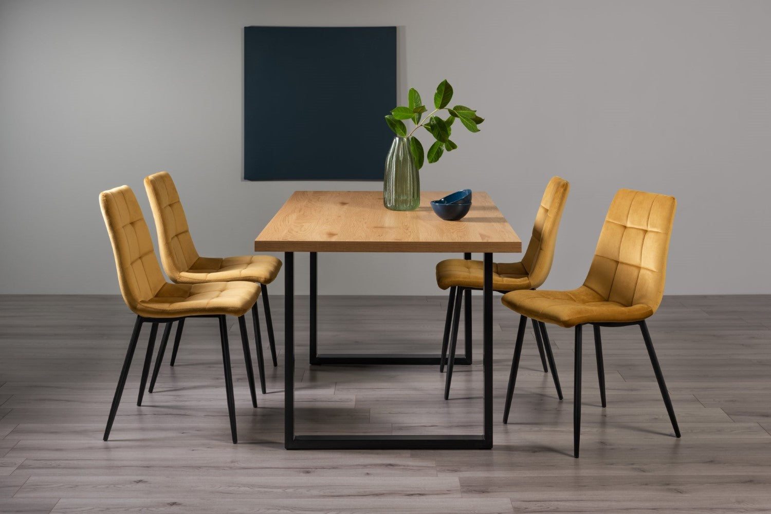 Rustic Oak Dining Table Set 4 Yellow Velvet Fabric Chairs