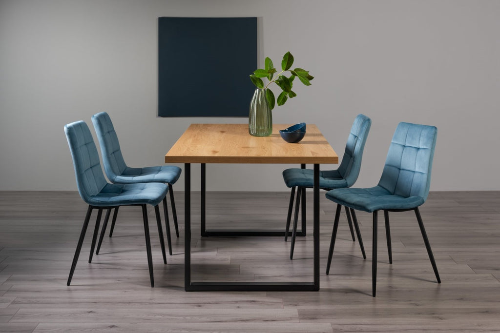 Rustic Oak Dining Table Set 4 Blue Velvet Fabric Chairs
