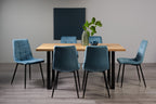 Rustic Oak Dining Table Set with 6 Blue Velvet Chairs