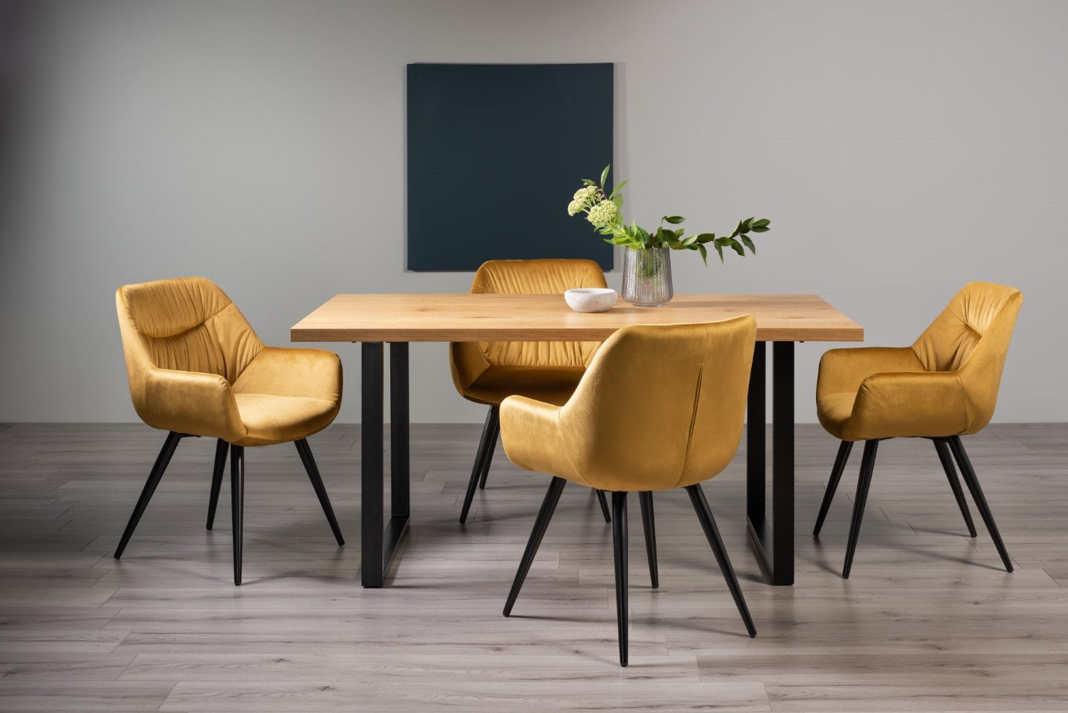 Rustic Oak Dining Table Set U Legs 4 Yellow Velvet Chairs