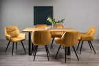 Oak Rectangular Dining Table Set 6 Yellow Velvet Chairs
