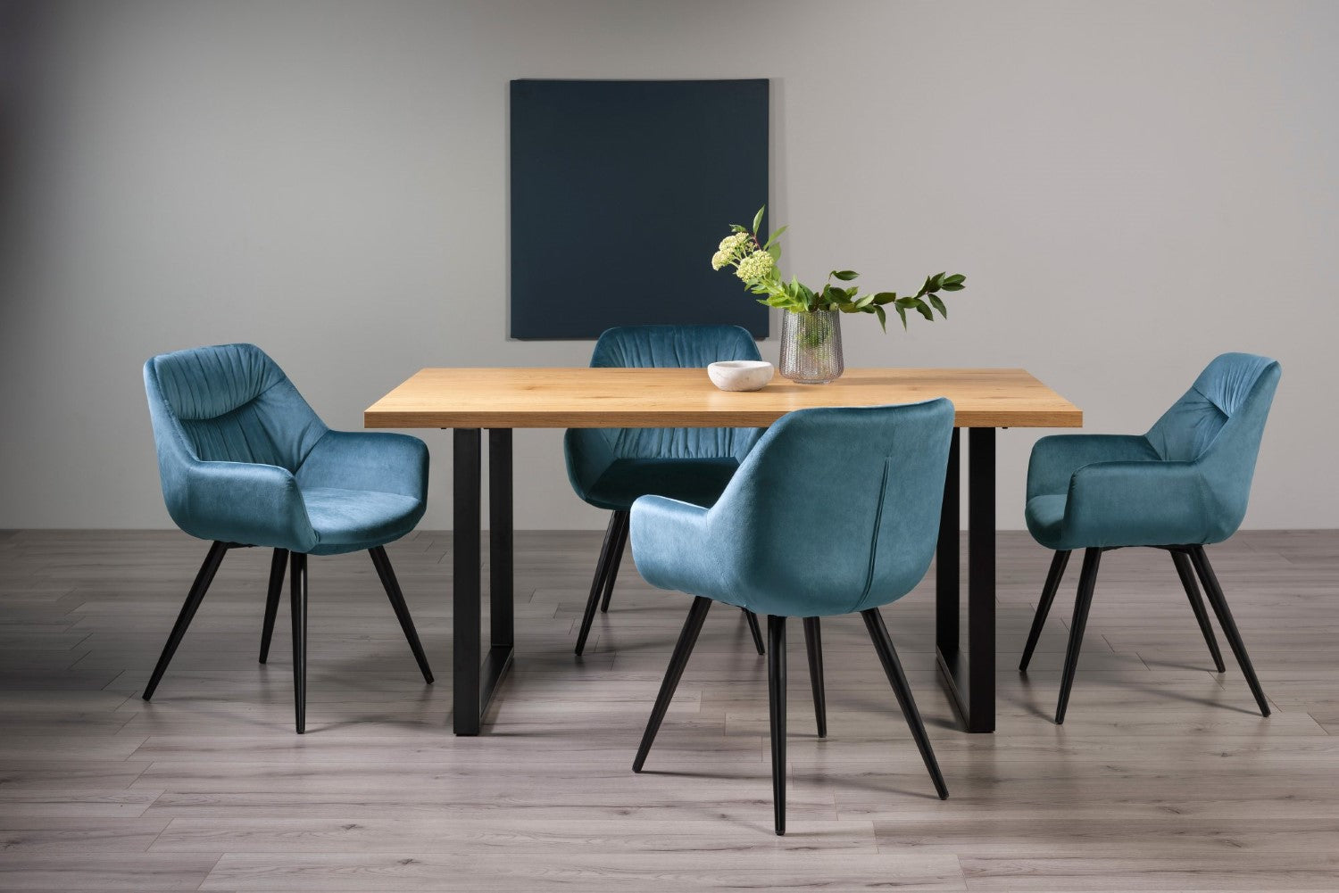 Rustic Oak Dining Table Set U Legs 4 Blue Velvet Chairs