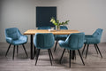 Rustic Oak Dining Table Set 6 Blue Velvet Fabric Chairs
