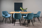 Rustic Oak Dining Table Set 6 Blue Velvet Fabric Chairs