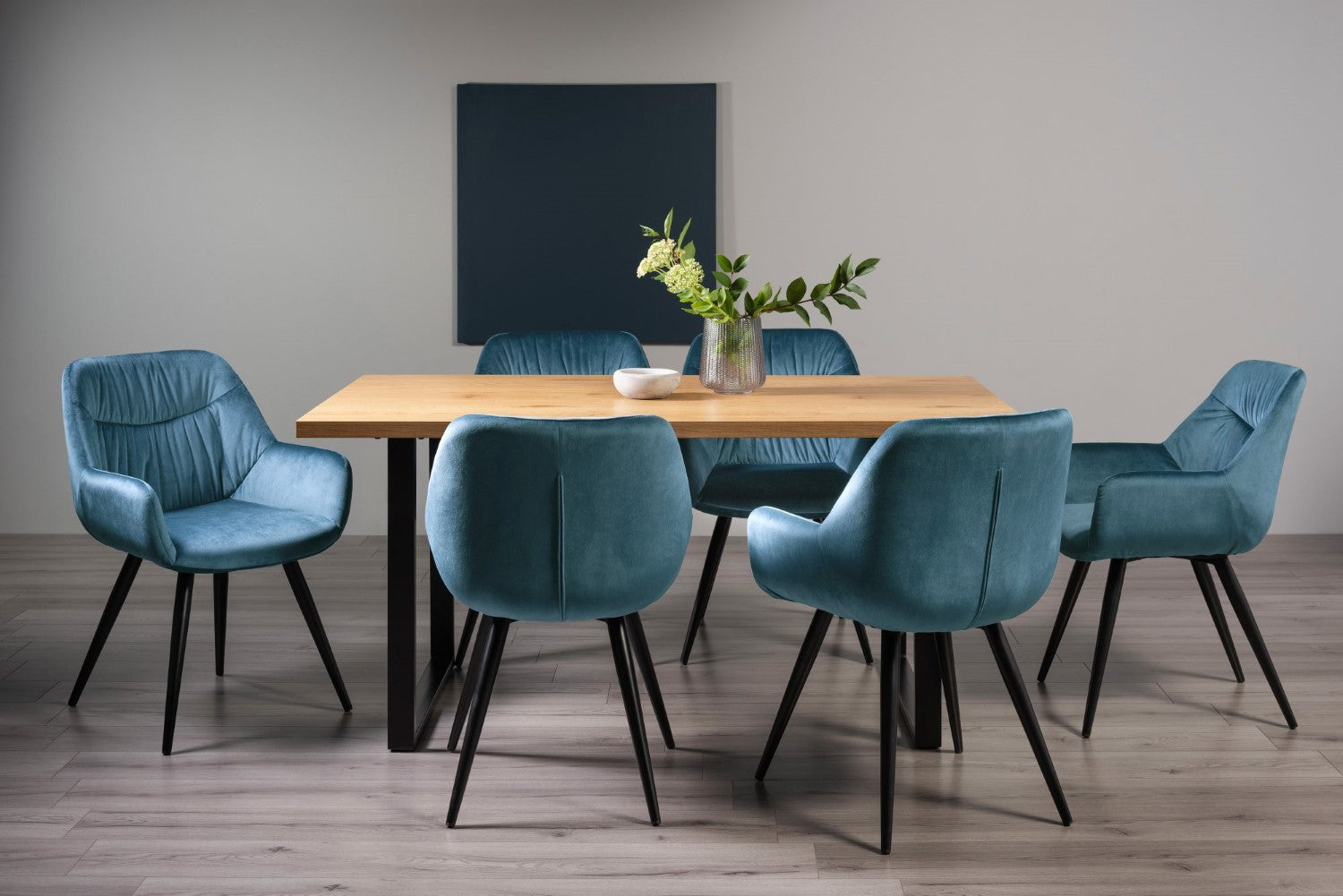 Rustic Oak Dining Table Set 6 Blue Velvet Fabric Chairs