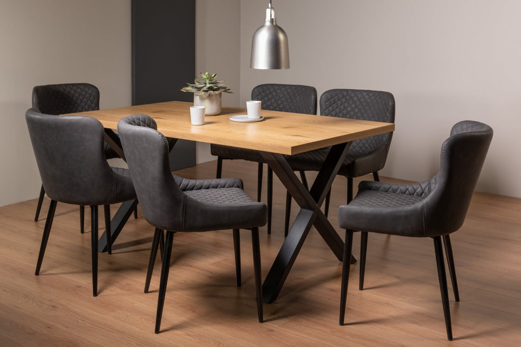 Rustic Oak Dining Table Set 6 Grey Leather Dining Chairs