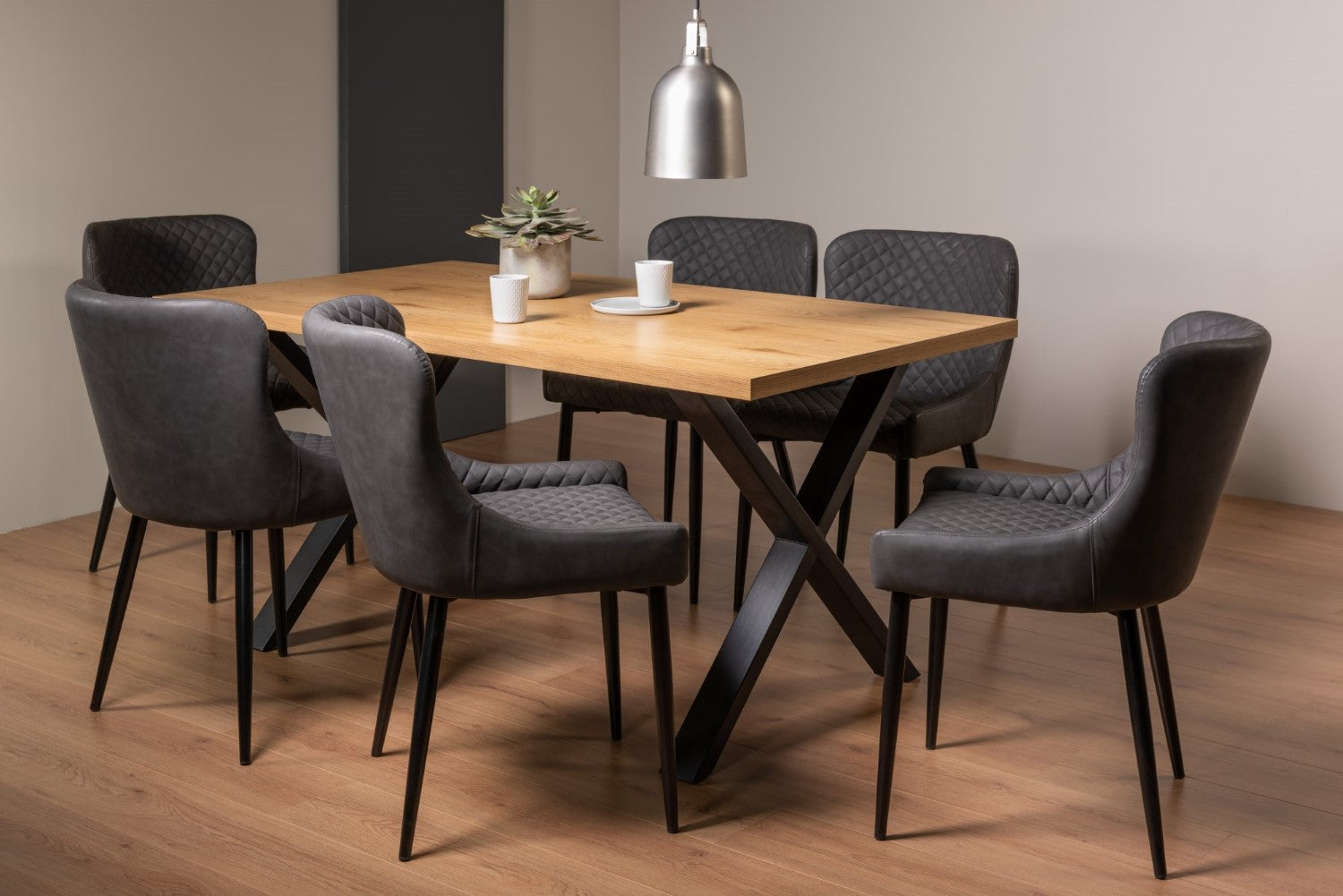 Rustic Oak Dining Table Set 6 Grey Leather Dining Chairs