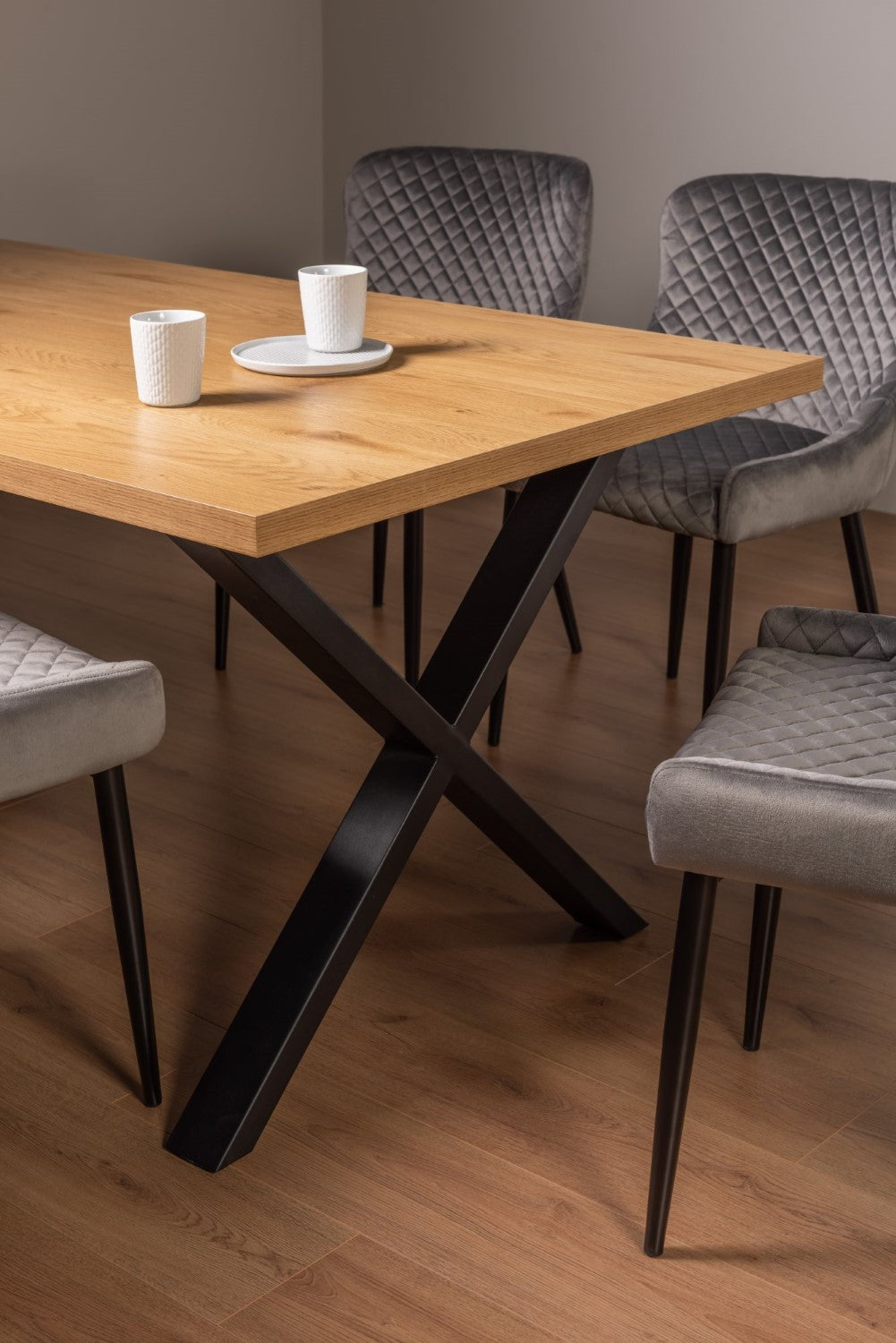 Rustic Oak Dining Table Set 4 Grey Velvet Fabric Chairs - Home Furniture Interiors