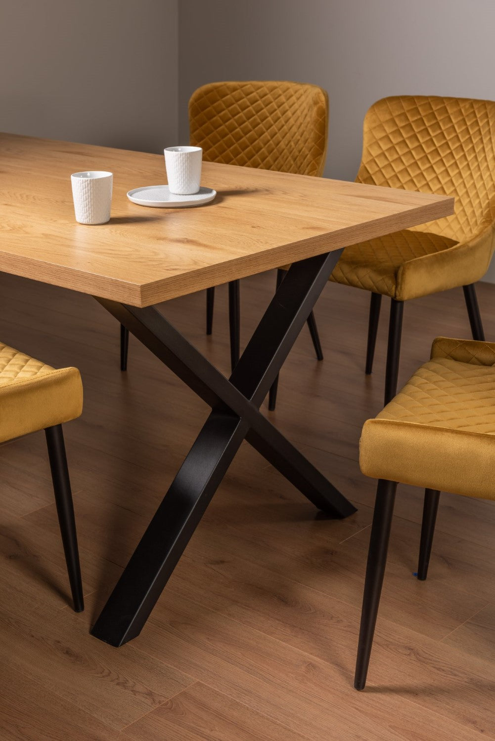 Oak Dining Table Set with 4 Yellow Velvet Chairs - Home Furniture Interiors