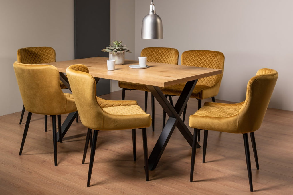 Rustic Oak 160cm Dining Table Set 6 Yellow Velvet Chairs