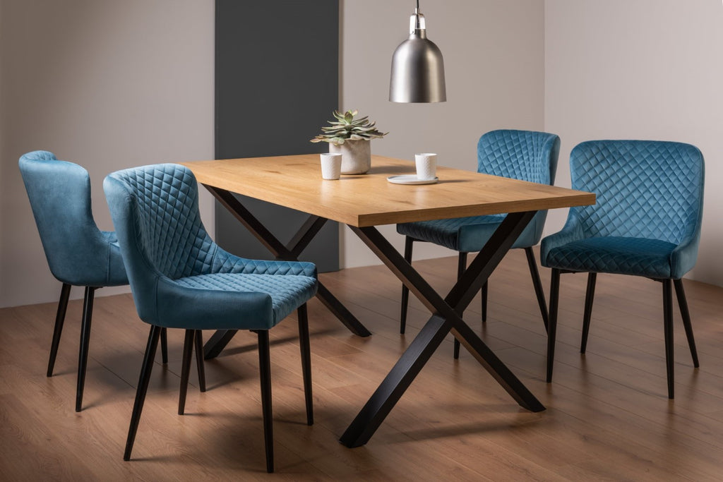 Rustic Oak Dining Table Table Set 4 Blue Velvet Chairs