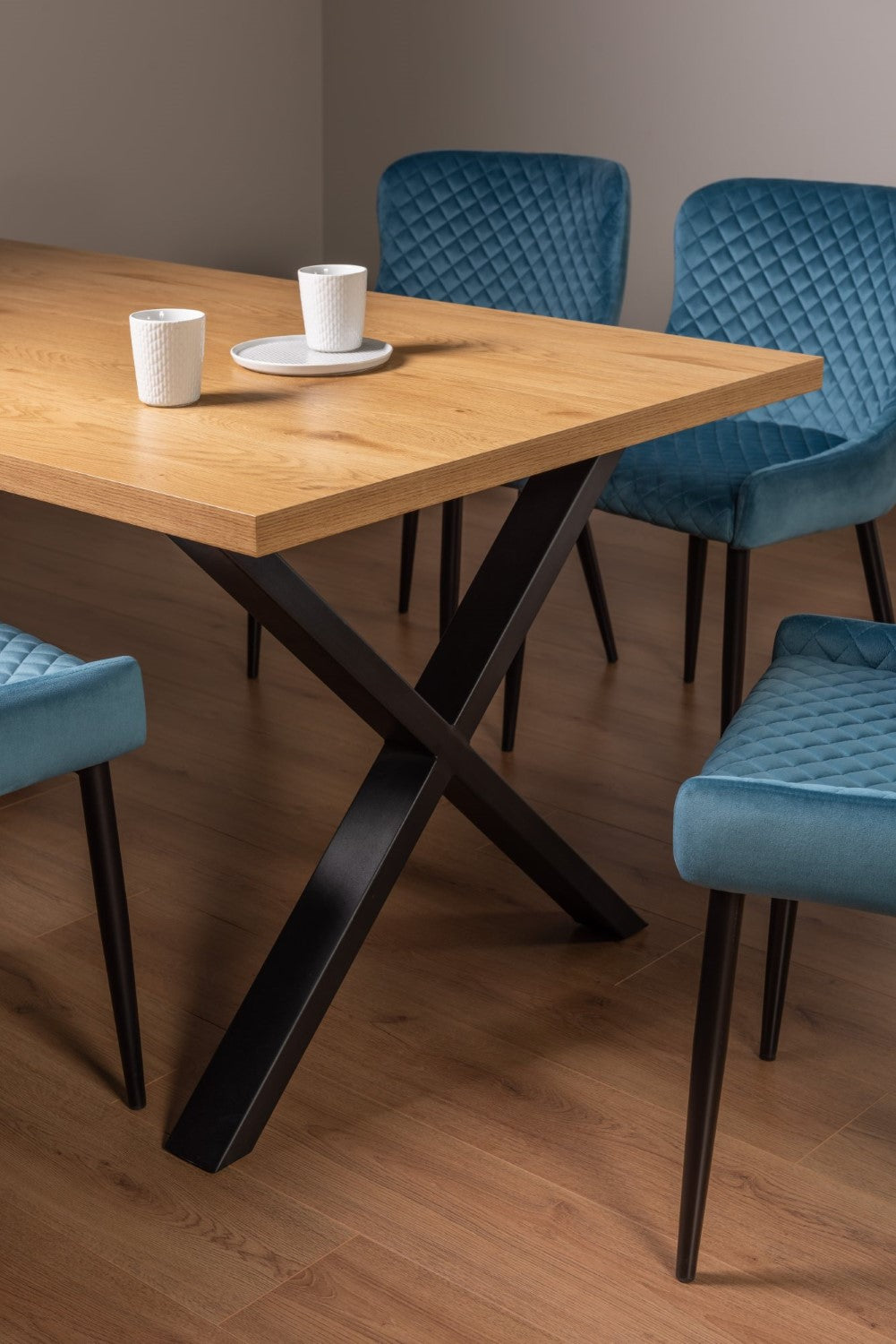 Rustic Oak Dining Table Table Set 4 Blue Velvet Chairs - Home Furniture Interiors