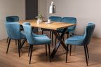 Rustic Oak Dining Table Set 6 Blue Velvet Fabric Chairs