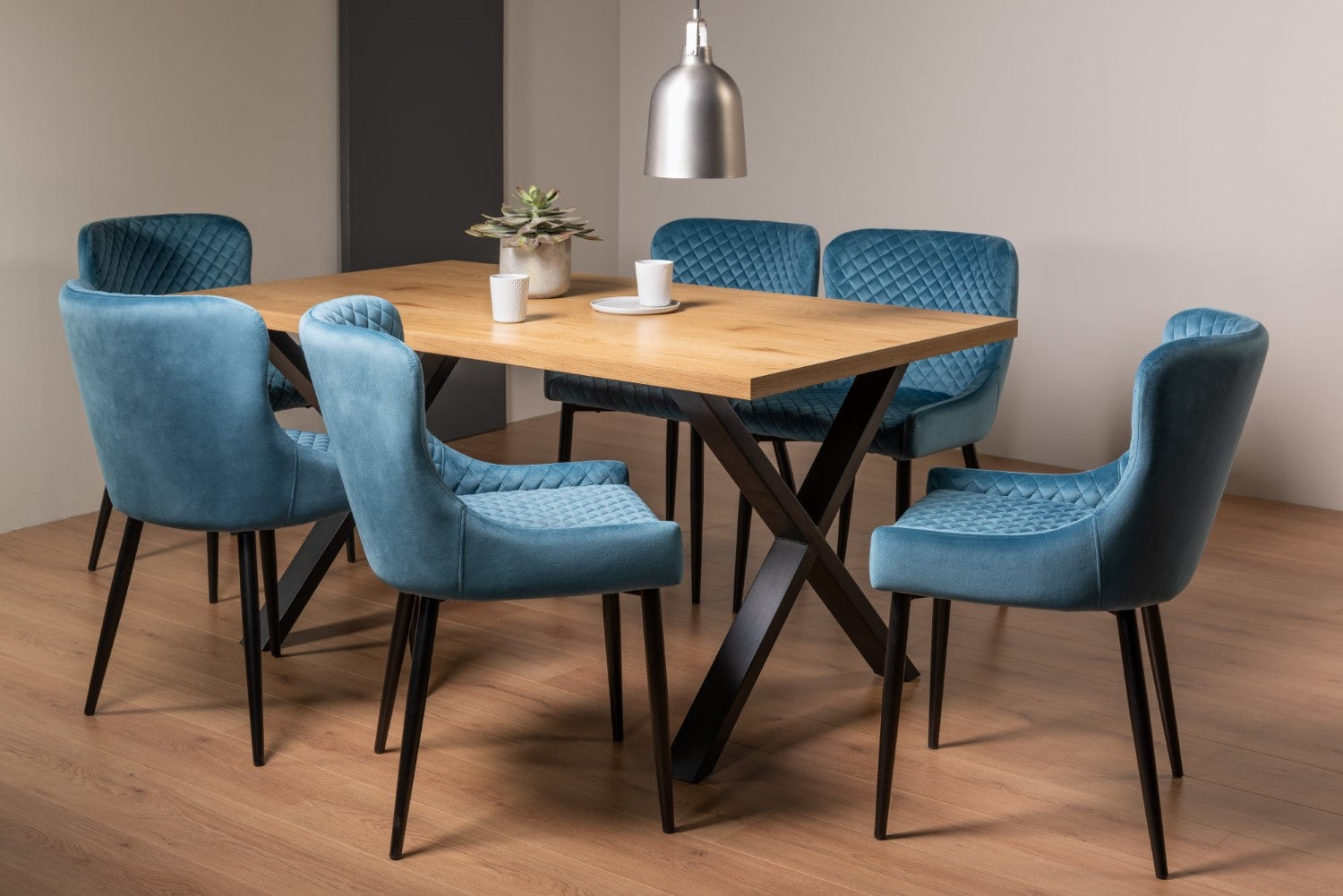Rustic Oak Dining Table Set 6 Blue Velvet Fabric Chairs