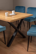 Rustic Oak Dining Table Set 6 Blue Velvet Fabric Chairs - Home Furniture Interiors