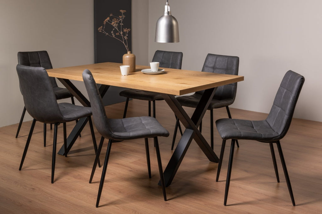 Rustic Oak Dining Table Set 6 Dark Grey Leather Chairs