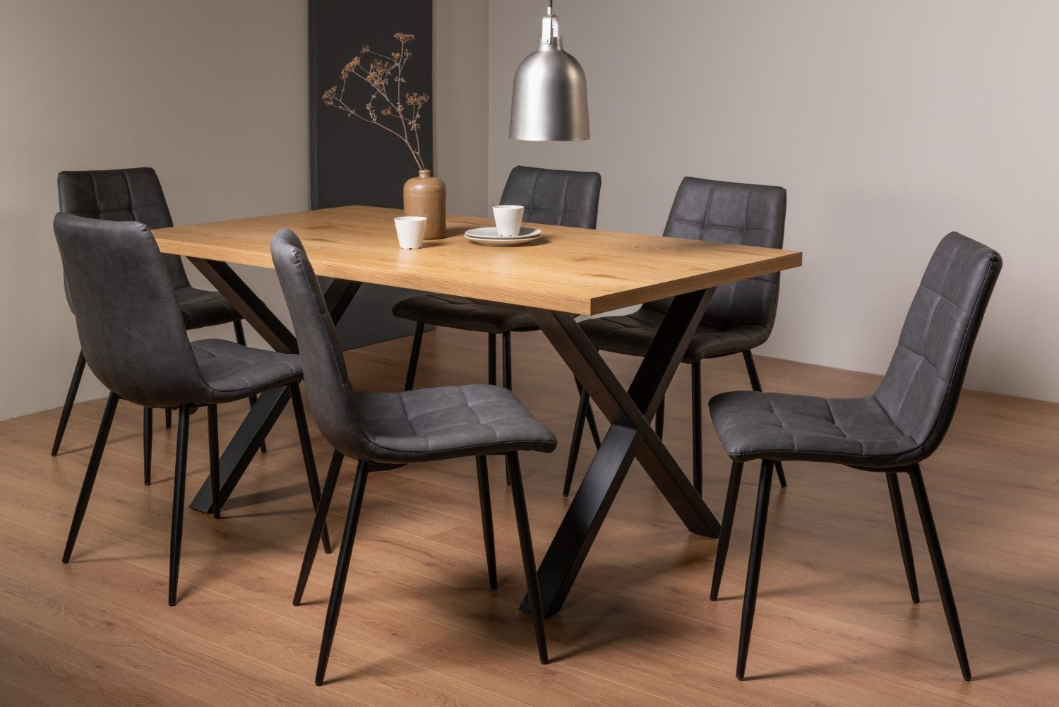 Rustic Oak Dining Table Set 6 Dark Grey Leather Chairs