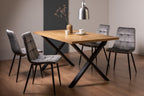 Rustic Oak Dining Table Set 4 Grey Velvet Fabric Chairs