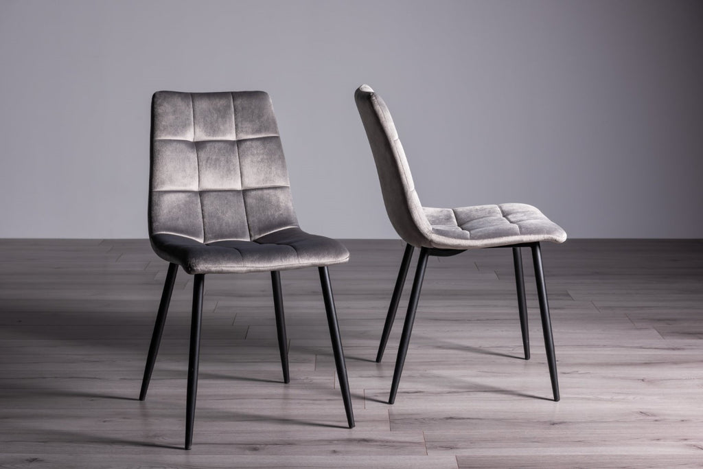 Rustic Oak Dining Table Set 4 Grey Velvet Fabric Chairs - Home Furniture Interiors