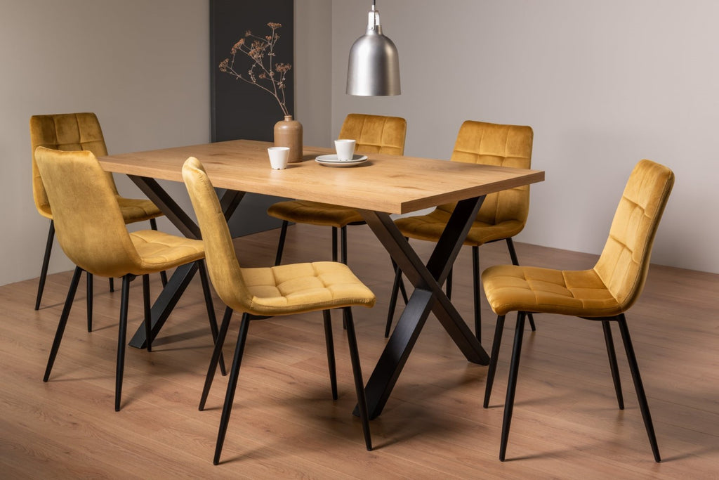 Rustic Oak Dining Table Set 6 Yellow Velvet Fabric Chairs