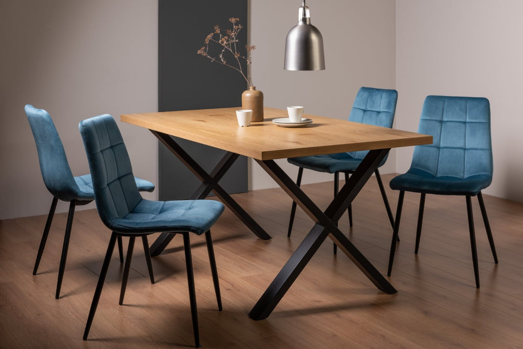 Oak Dining Table Set 4 Blue Velvet Dining Chairs
