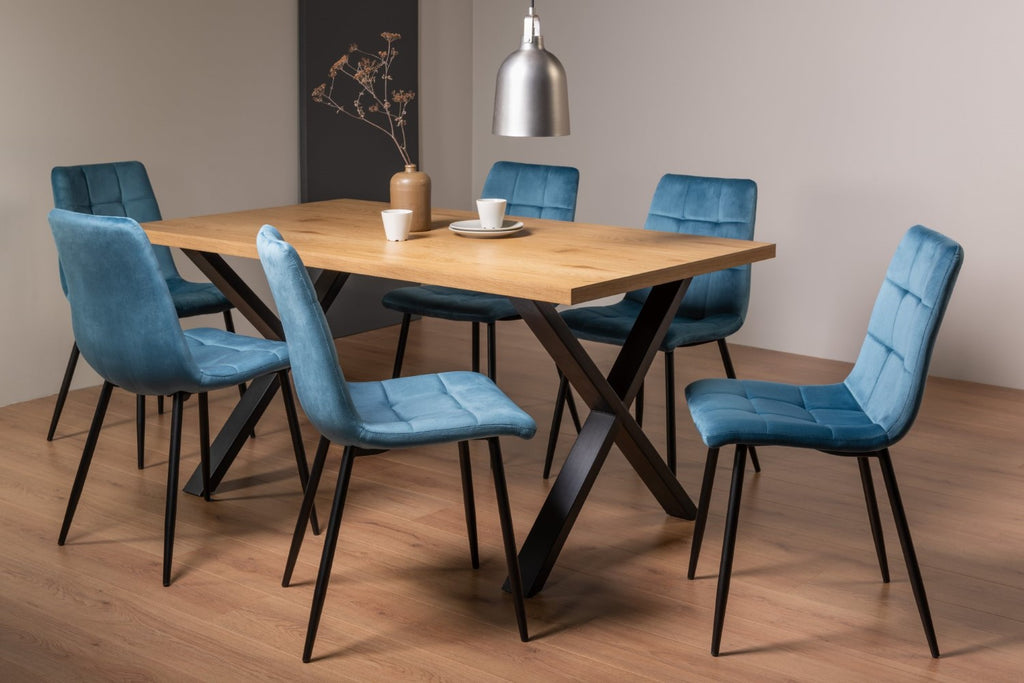 Rustic Oak Dining Table Set 6 Blue Velvet Dining Chairs