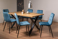 Rustic Oak Dining Table Set 6 Blue Velvet Dining Chairs