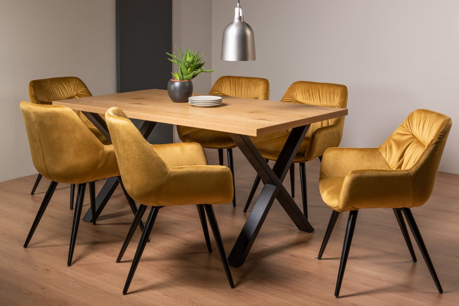 Oak Rectangular Dining Table Set 6 Yellow Velvet Chairs