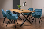 Rustic Oak Dining Table Set 4 Blue Velvet Chairs