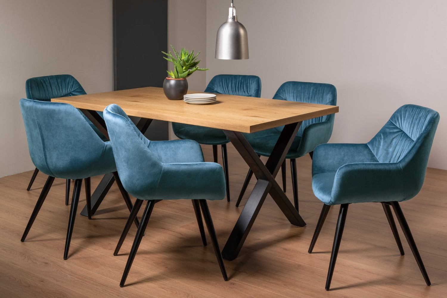 Rustic Oak Dining Table Set 6 Blue Velvet Fabric Chairs