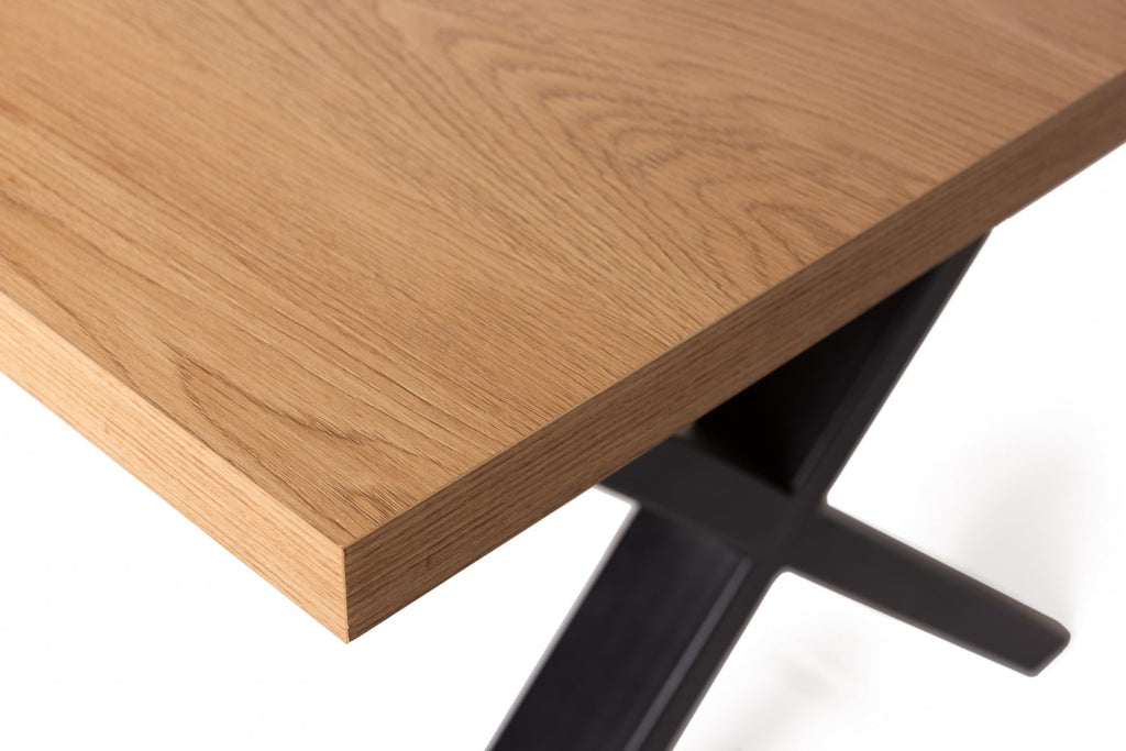 Rustic Oak Top Dining Table X Shape Black Metal Legs - Home Furniture Interiors