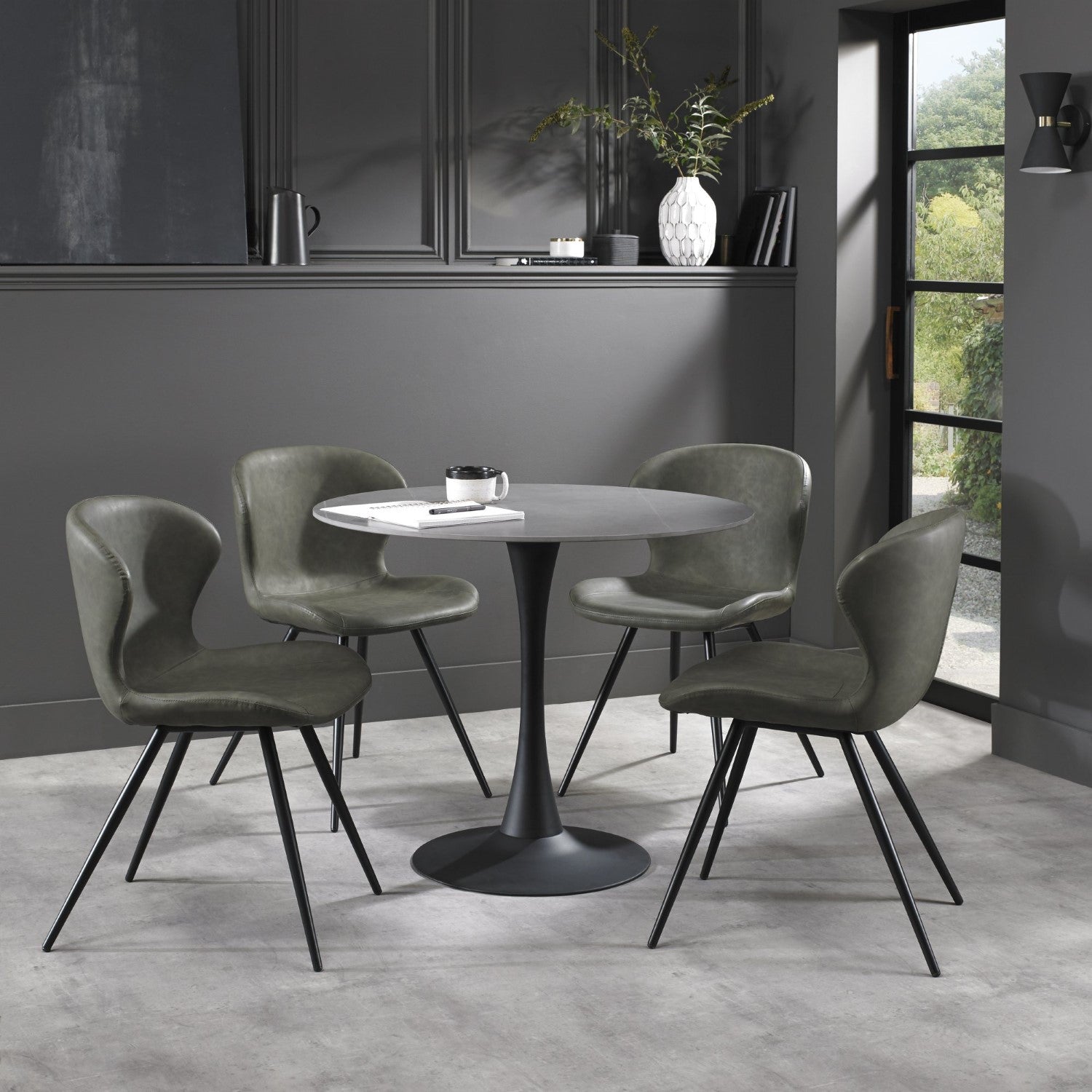Matte Grey Sintered Stone Top Round Dining Table - Home Furniture Interiors