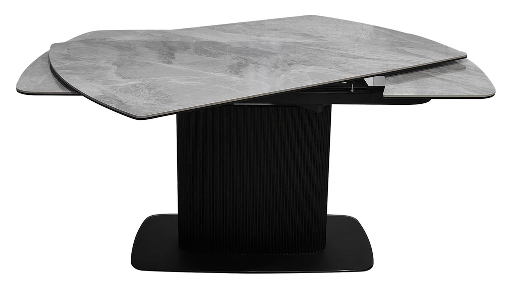 Light grey gloss marble effect large extending dining table by Bentley Designs showing the tabletop and extension leaves.