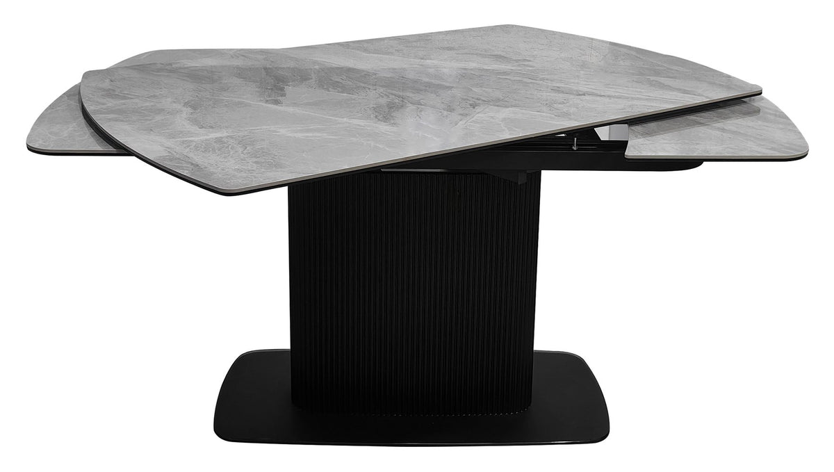 Light grey gloss marble effect large extending dining table by Bentley Designs showing the tabletop and extension leaves.