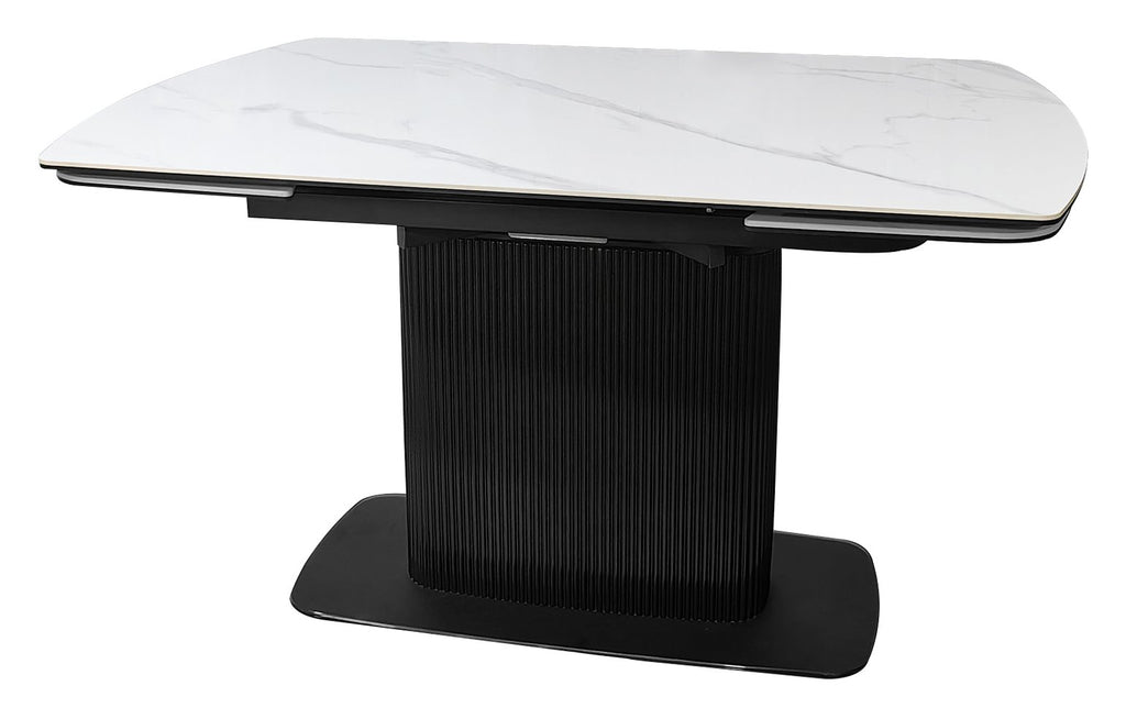 White gloss marble effect large extending Bentley Designs dining table with sleek surface and modern style.