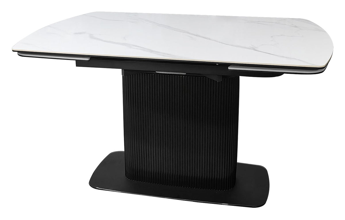 White gloss marble effect large extending Bentley Designs dining table with sleek surface and modern style.