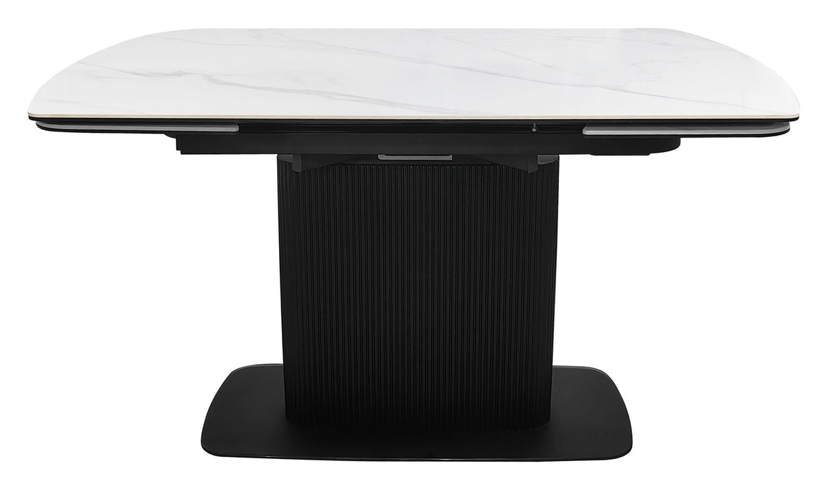 White gloss marble effect large extending dining table by Bentley Designs, showcasing a sleek, modern surface with sturdy legs.
