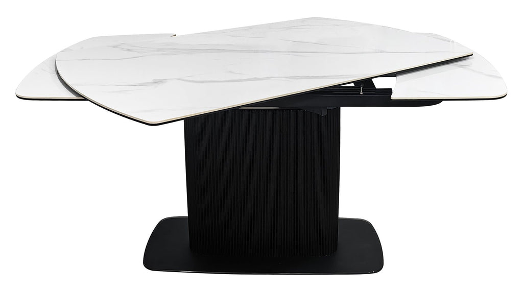 White gloss marble effect Bentley Designs large extending dining table set up in a modern dining room.