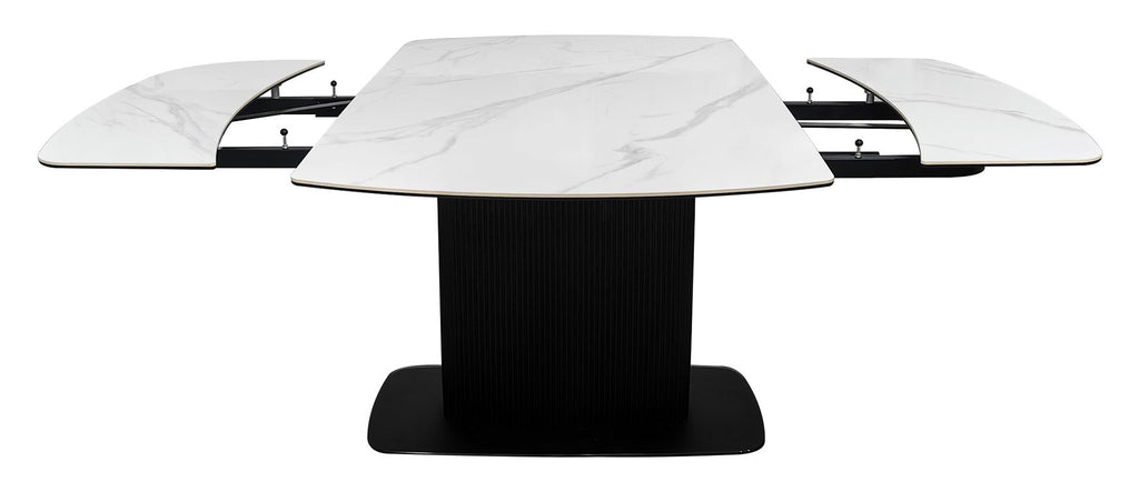 White gloss marble effect large extending dining table by Bentley Designs, showcasing sleek surface and sturdy wooden legs.