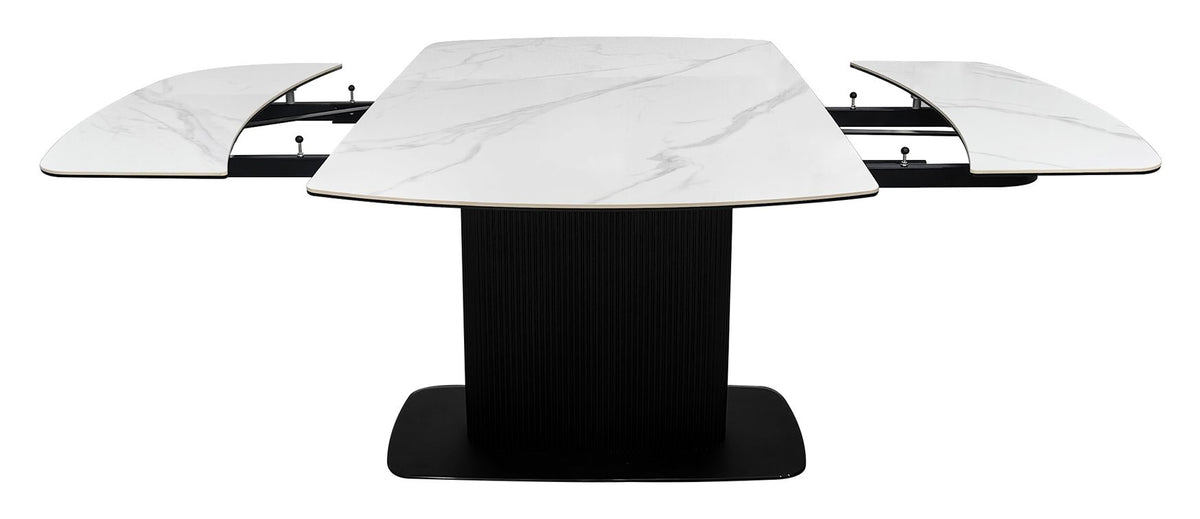 White gloss marble effect large extending dining table by Bentley Designs, showcasing sleek surface and sturdy wooden legs.