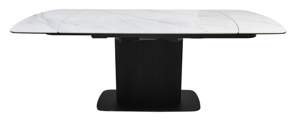 White gloss marble effect large extending dining table by Bentley Designs, showcasing its elegant surface and sturdy legs.