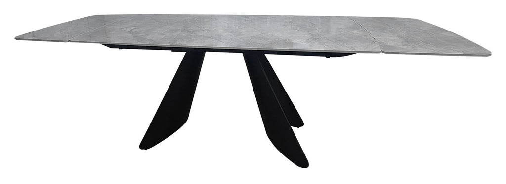 Levanti Light Grey Gloss Sintered Stone 6 8 Seater Double End Extension Dining Table with Tapered Black Base - Home Furniture Interiors