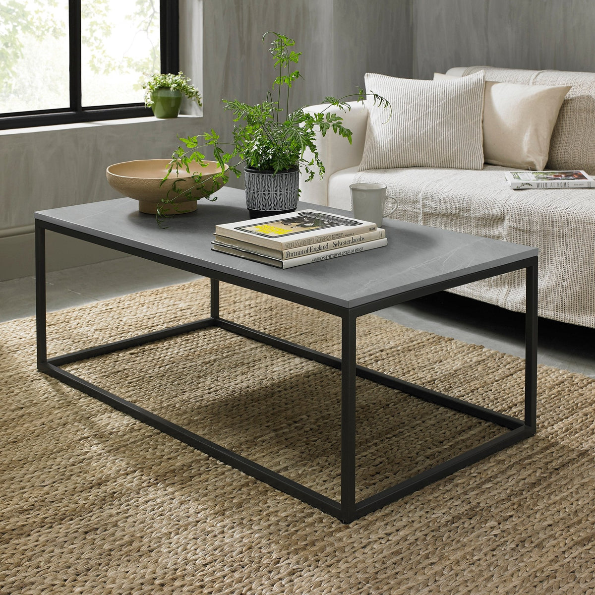 Matt grey marble effect coffee table with metal frame by Bentley Designs, showcasing sleek modern style and sturdy construction.