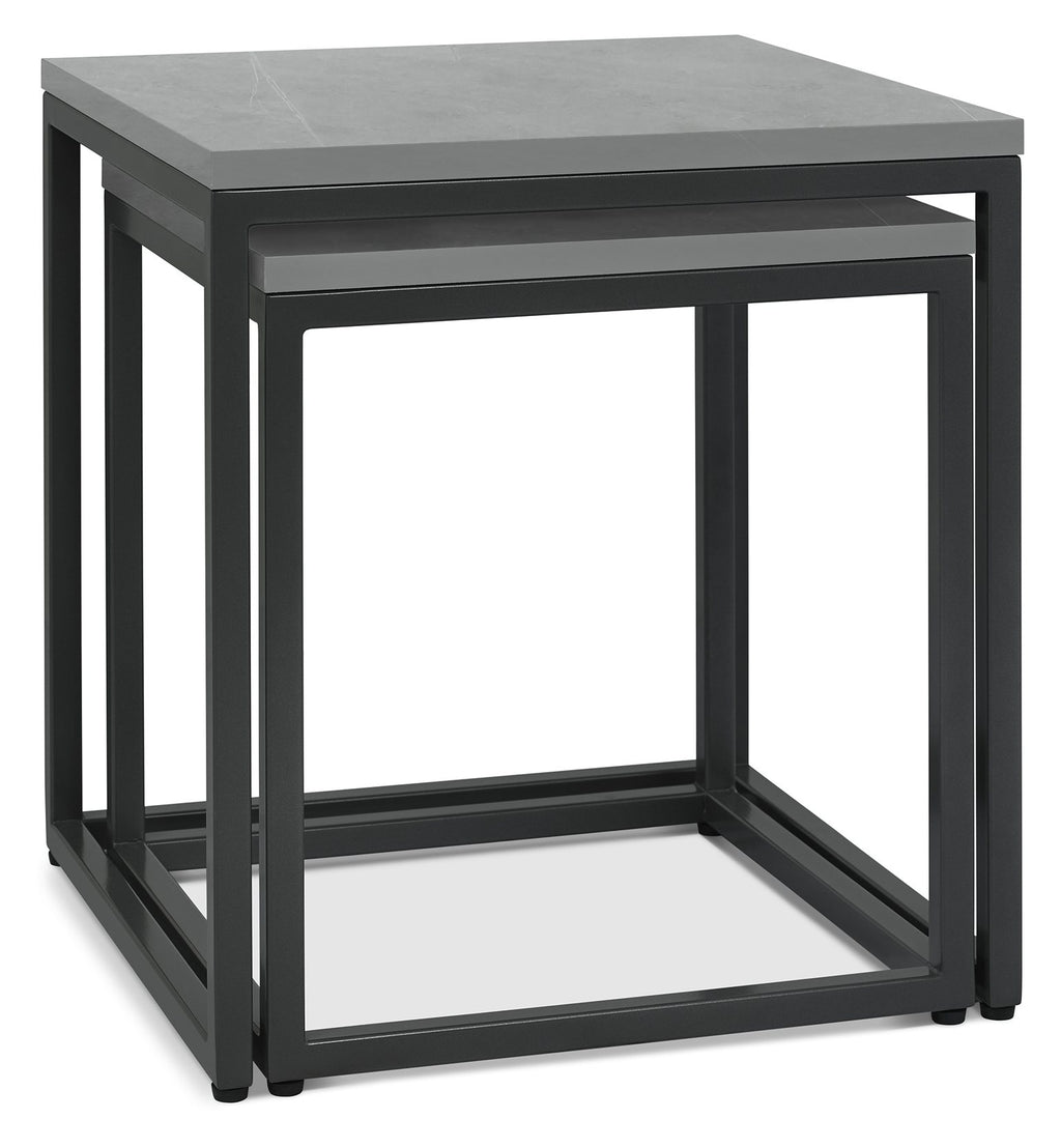 Set of two Matt Grey Marble Effect Nest of Lamp Tables with metal frames by Bentley Designs, showing sleek modern design.