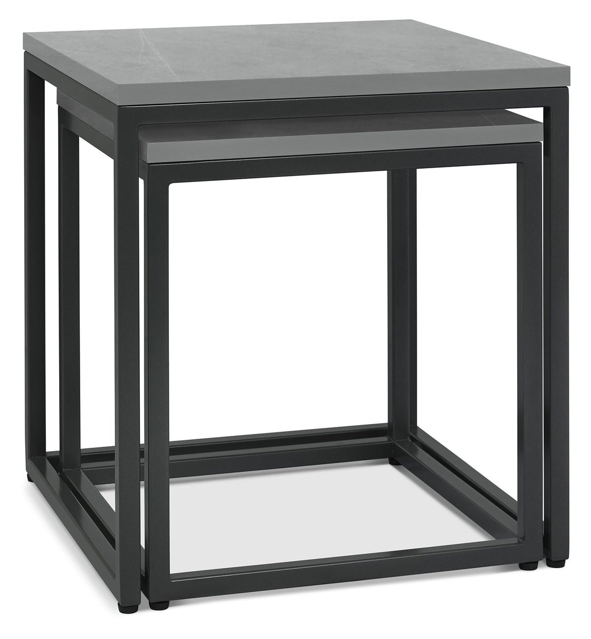 Set of two Matt Grey Marble Effect Nest of Lamp Tables with metal frames by Bentley Designs, showing sleek modern design.