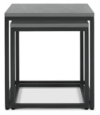 Nest of two Bentley Designs grey marble effect lamp tables with metal frames, stacked for a modern, stylish look.