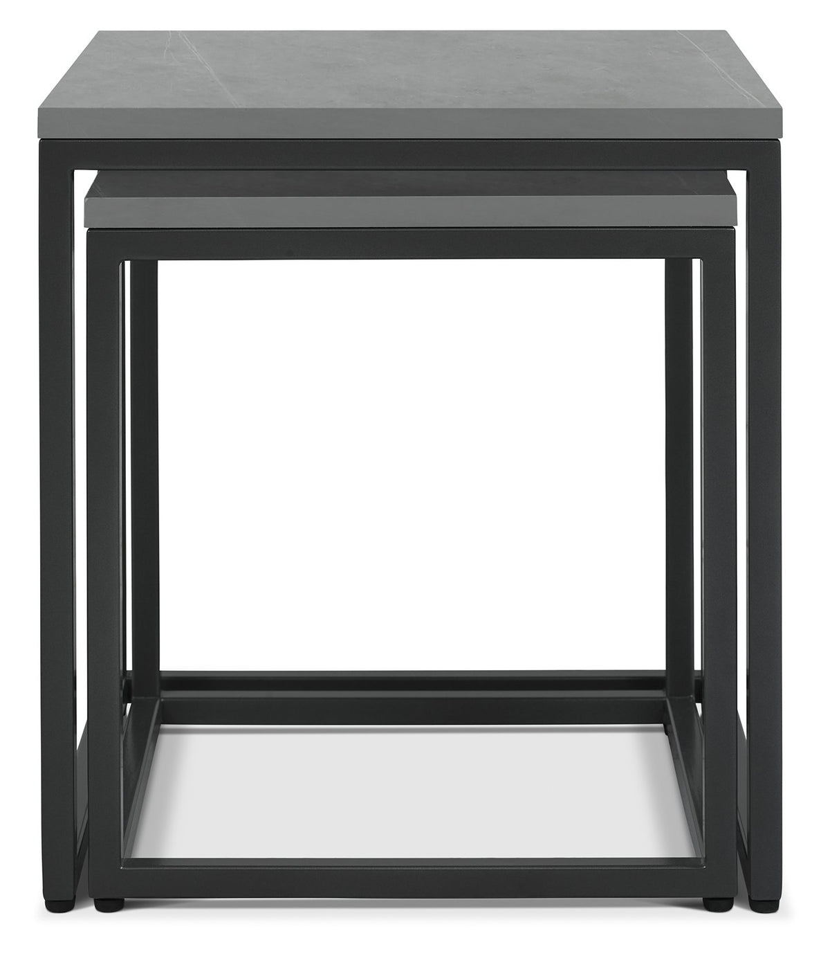 Nest of two Bentley Designs grey marble effect lamp tables with metal frames, stacked for a modern, stylish look.