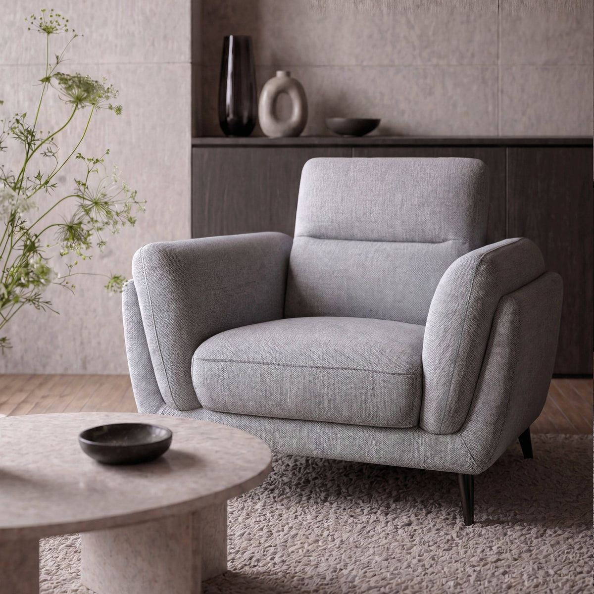 Light Grey Fabric Upholstered Armchair Nickel Legs